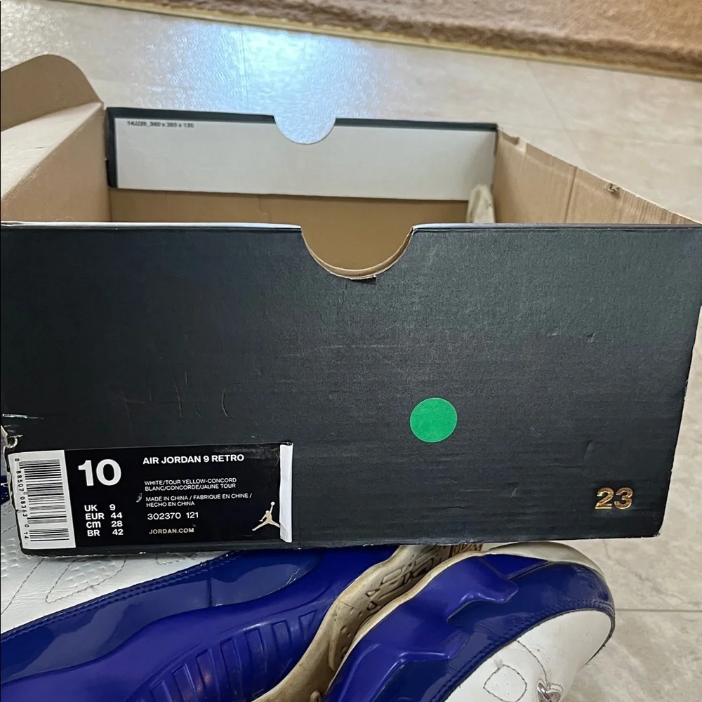 Men's Air Jordan 9 Retro White and Blue Sneakers with Yellow Accents 10